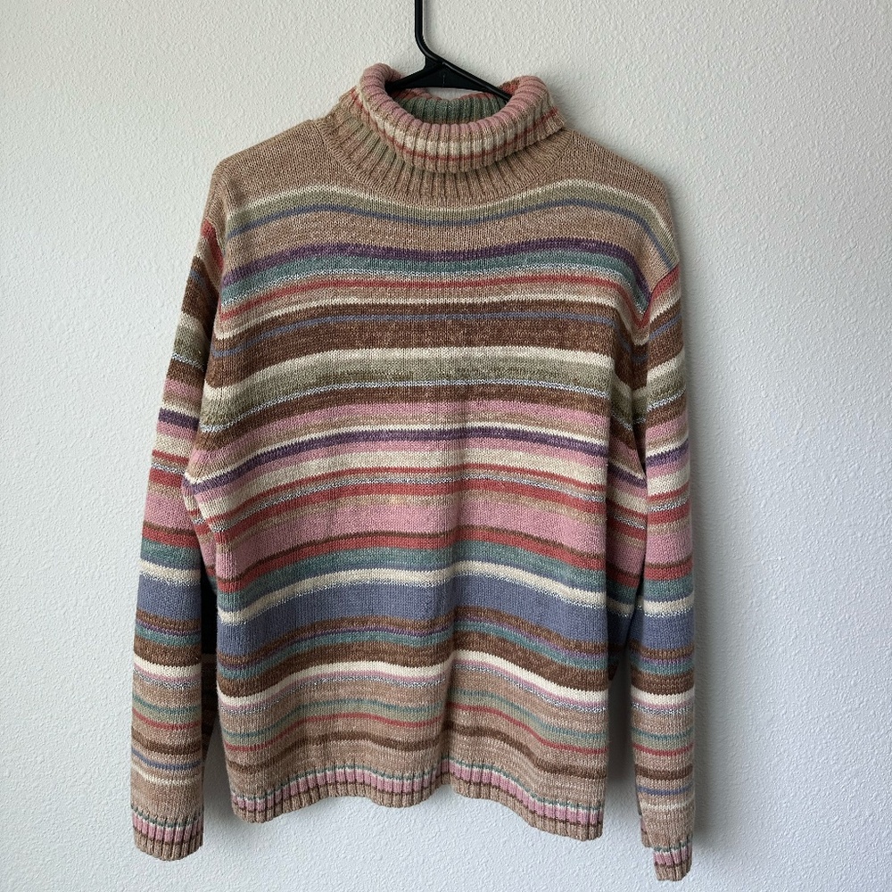Vintage Y2K Tiara International Granny Striped Turtleneck Sweater Size XL